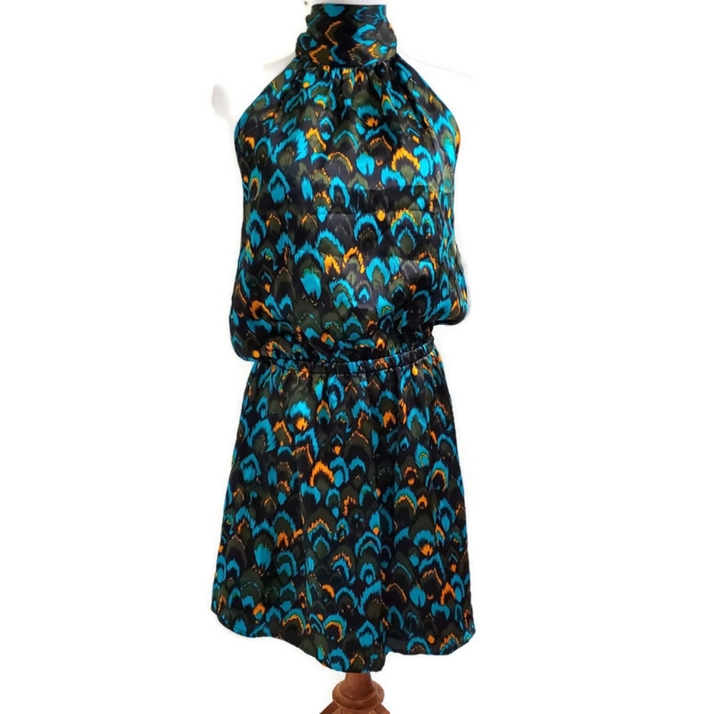 Whitney Eve Blue Peacock Print 100% Silk Mini Halter Dress Size L